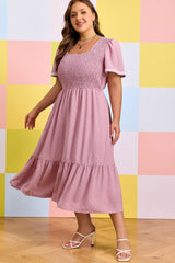 Pink Plus Size Swiss Dot Short Sleeve Smocked High Waist Flowy Midi Dress