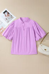 Phalaenopsis Stitched Detail V Neck Puffy Half Sleeve Blouse