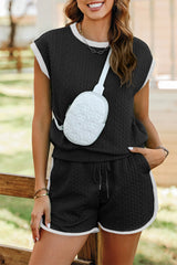Black Contrast Trim Cable Textured Shorts Set