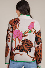 Khaki Floral Pattern Knit Quarter Zip Stand Neck Sweater