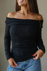 Black Floral Lace Off-shoulder Long Sleeve Slim Top