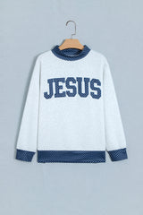 Light Grey Polka Dot Contrast Trim JESUS Letter Graphic Sweatshirt