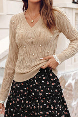 Smoke Gray Pearl Beaded Embellished Lace Applique Pointelle Knit Sweater