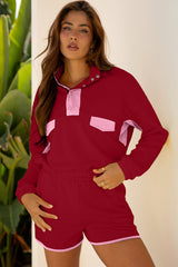 Yellow Color Block Patchwork Half Button Pullover and Shorts 2pcs Outfit
