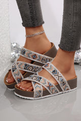 Color black Tribal Geometric Rhinestone Embellished Strappy Hollowed Platform Slippers