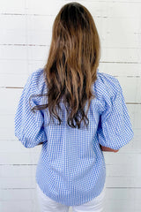 Sky Blue Summer Plaid V Neck Puff Sleeve Blouse