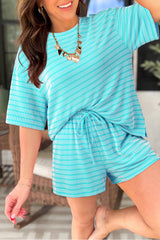 Khaki Stripe Raised Rib Loose Tee Drawstring Elastic Waist 2pcs Short Set