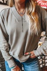 Parchment Geometric Embroidered V Neck Sweatshirt
