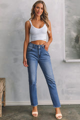 Sky Blue Double Button Raw Hem Slim Fit Jeans