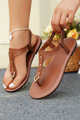 Chestnut Solid Color PU Leather Flat Clip Toe Sandals