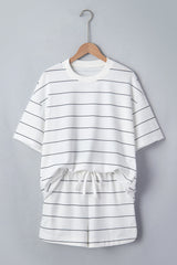 White Stripe Half Sleeve Tee Drawstring Shorts 2pcs Set