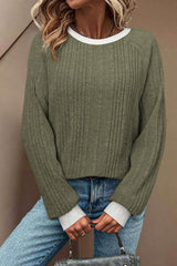 Moss Green Rib Texture Contrast Trim Round Neck Long Sleeve Top