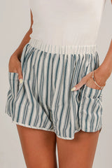 Gray Stripe Elastic Waist Cargo Pocket Casual Shorts