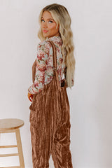 Chicory Coffee Velvet Adjustable Straps Patched Pocket Sleeveless Jumpsuit