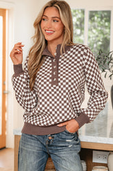 Dark Brown Half Button Ribbed Trim Checkerboard Knit Sweater