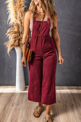 Brown Solid Color Corduroy Wide Leg Bib Overalls