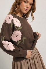 Dark Brown Floral Print Drop Shoulder Relaxed Pullover Sweater