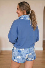 Blue Floral Patchwork V-Neck Long Sleeve Short Bottoms Plus Size Set