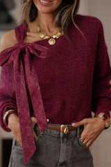 Burgundy Lace Bowknot Asymmetric Neck Sweater