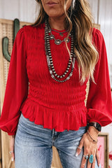 Racing Red Solid Color Smocked Ruffle Hem Long Sleeve Blouse