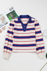 Blue Stripe Color Block Polo Pullover Sweatshirt