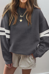 Dark Grey Preppy Striped Sleeve Loose Sweatshirt