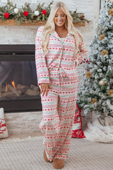 White Christmas Pattern Print Shirt Style Long 2pcs Pajama Set