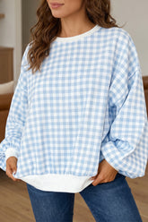 Light Blue Plaid Round Neck Long Sleeve Sweatshirt