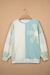 Light Blue Plaid Patchwork Round Neck Long Sleeve Top