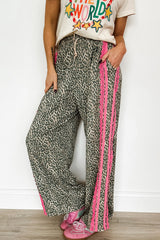 Brown Wild Leopard Print Contrast Lace Striped Detail Drawstring Pants