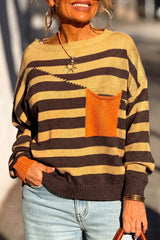 Brown Stripe Striped Drop Shoulder Colorblock Pullover Sweater