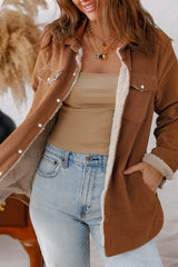 Cinnamon Fleece Lined Buttoned Flap Pockets Corduroy Jacket