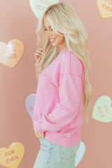 Bright Pink Mineral Wash Crossed Crew Neck Drop Shoulder Loose Sweatshirt