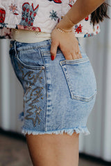Dusk Blue Western Embroidery Stud Denim Shorts Summer Daily Wear