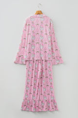 Pink Christmas Print Ruffled Ribbed Shirt & Pants 2 Piece PJ Set