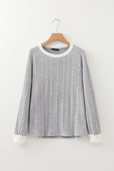 Gray Rib Texture Contrast Trim Round Neck Long Sleeve Top