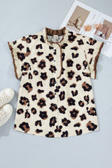 Khaki Plus Size Leopard Print Frilled Color Block Trim Button Down Short Sleeve Blouse