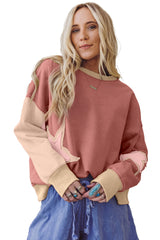 Rose Pink Star Patchwork Exposed Seam Uneven Hem Sweatshirt