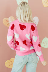 Pink Pearl Embellished Heart Pattern Valentines Day Sweater