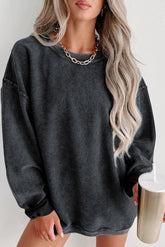 Black Plain Ribbed Round Neck Pullover Sweatshirt