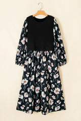Black Floral Print Long Sleeve Round Neck Shift Plus Size Dress