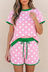 Pink Polka Dot Contrast Edge Casual Short Set