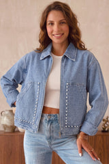 Beau Blue Studded Metal Zipper Rivet Pockets Long Sleeve Denim Jacket