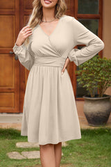 Apricot Faux Wrap V Neck Long Sleeve Mini Dress