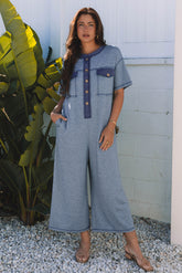 Beau Blue Half Placket Chest Pockets Short Sleeve Wide Leg Jumpsuit
