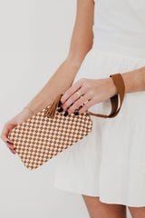 Chestnut Checkered Woven Clutch Wristlet PU Leather Large Size Patterned Wallet