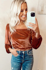 Clay Velvet Ribbed Texture Square Neck Slim Puff Sleeve Top