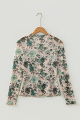 Green Western Style Floral Print Long Sleeve Mesh Top