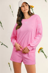 Sachet Pink Bow Embroidery Long Sleeve Pullover and High Waist Shorts Set