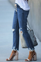 Dark Blue Elastic Waist Straight Leg Destroyed Raw Hem Jeans